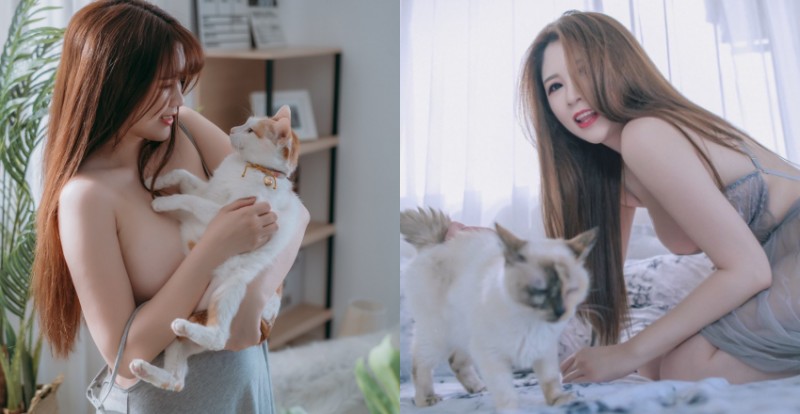 放開那隻貓！牛奶肌美女「粉芬 Yvonne」火辣逗貓　網友：衝著我來就好