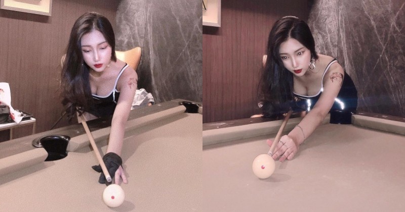 「長髮正妹」彎腰打撞球，清涼小背心爆出美乳深溝，看了就想和她PK球技！