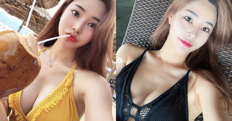 氣質正妹debon「暗藏豐滿深溝」，喝椰子汁放送「渾圓美乳」！